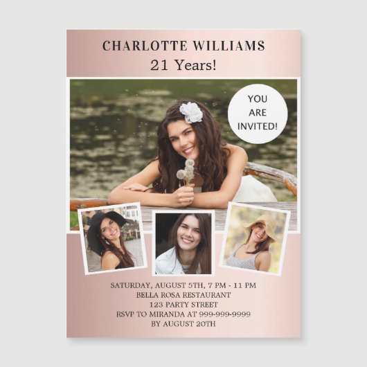 誕生日パーティーバラ金ゴールド写真コラージュラグジュアリー マグネット招待状 (正面)