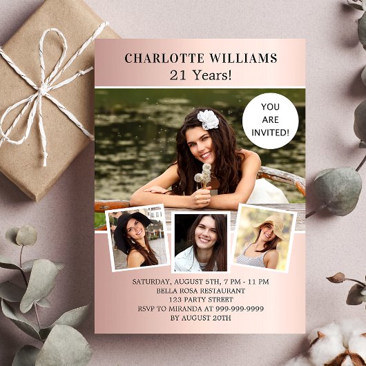 誕生日パーティーバラ金ゴールド写真コラージュラグジュアリー 招待状