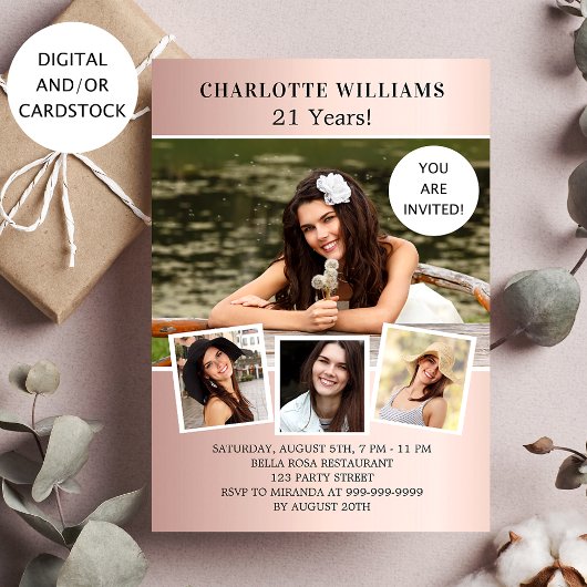 誕生日パーティーバラ金ゴールド写真コラージュ 招待状