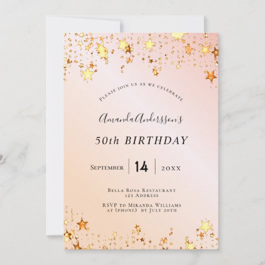 誕生日パーティーバラ金ゴールド赤面ピンクの星エレガント 招待状 (正面)