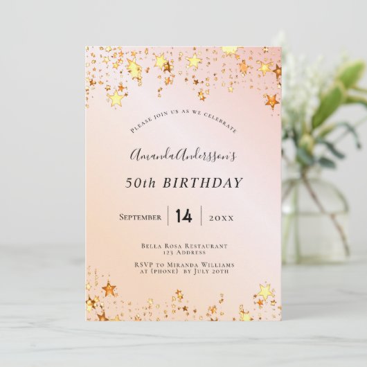 誕生日パーティーバラ金ゴールド赤面ピンクの星エレガント 招待状 (スタンド正面)