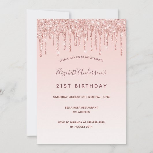 誕生日パーティーバラ金ゴールド赤面ピンクドリップ 招待状 (正面)