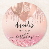 誕生日パーティーバラ金ゴールド赤面ピンクバルーン ラウンドペーパーコースター (正面)