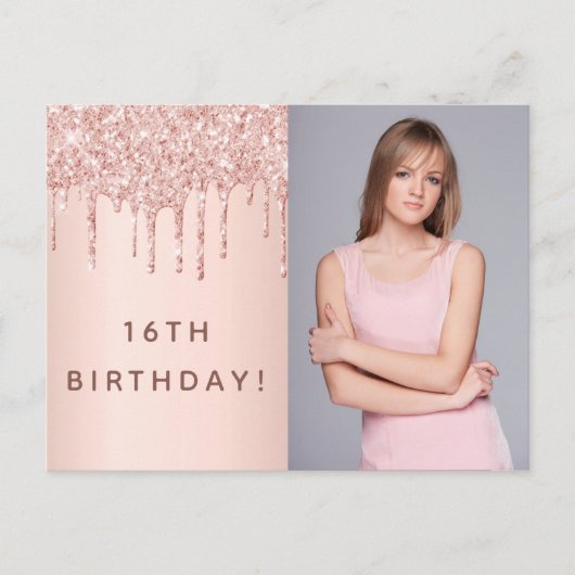 誕生日パーティーバラ金ゴールド赤面写真の招待 ポストカード (正面)