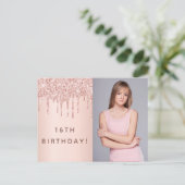 誕生日パーティーバラ金ゴールド赤面写真の招待 ポストカード (スタンド正面)