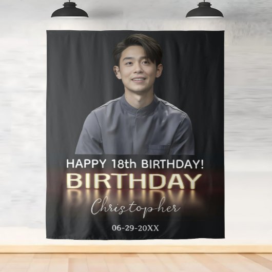 誕生日パーティーパーソナライズされたフォトネオン金ゴールドライト タペストリー