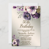 誕生日パーティーパープルピンクの花ゴールデンパレッエレガントト 招待状 (正面)