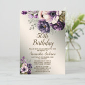 誕生日パーティーパープルピンクの花ゴールデンパレッエレガントト 招待状 (スタンド正面)