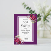 誕生日パーティーパープルブルゴーニュ花模様招待 ポストカード (スタンド正面)