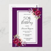 誕生日パーティーパープルブルゴーニュ花模様招待 ポストカード (正面/裏面)