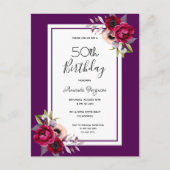 誕生日パーティーパープルブルゴーニュ花模様招待 ポストカード (正面)