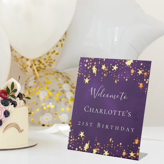 誕生日パーティーパープル金ゴールドスター歓迎 台座サイン