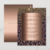 誕生日パーティーヒョウ柄ブロンズ招待 ポストカード (正面/裏面)
