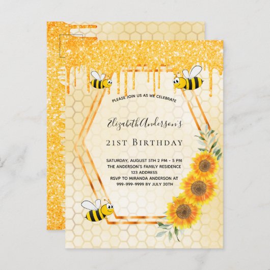 誕生日パーティービーズヒマワリグリッター招待 ポストカード (正面/裏面)