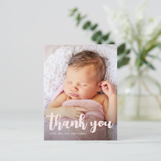 誕生日パーティーピンクありがとうスクリプト全写真 ポストカード (スタンド正面)