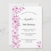 誕生日パーティーピンクのホワイトボタニカル花模様 モダン 招待状 (正面)