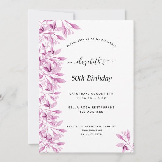 誕生日パーティーピンクのホワイトボタニカル花模様 モダン 招待状 (正面)