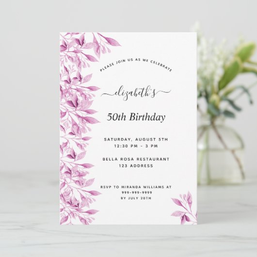 誕生日パーティーピンクのホワイトボタニカル花模様 モダン 招待状