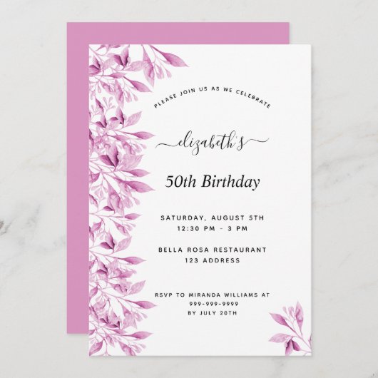 誕生日パーティーピンクのホワイトボタニカル花模様 モダン 招待状 (正面/裏面)
