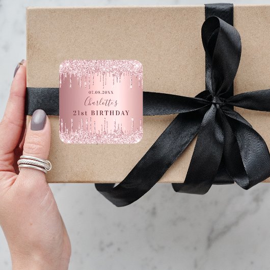 誕生日パーティーピンクほこりっぽいバラグリッターモノグラム スクエアシール