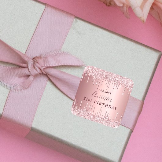 誕生日パーティーピンクほこりっぽいバラグリッターモノグラム スクエアシール