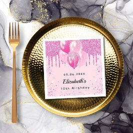 誕生日パーティーピンクグリッターバルーン女の子 スタンダードカクテルナプキン