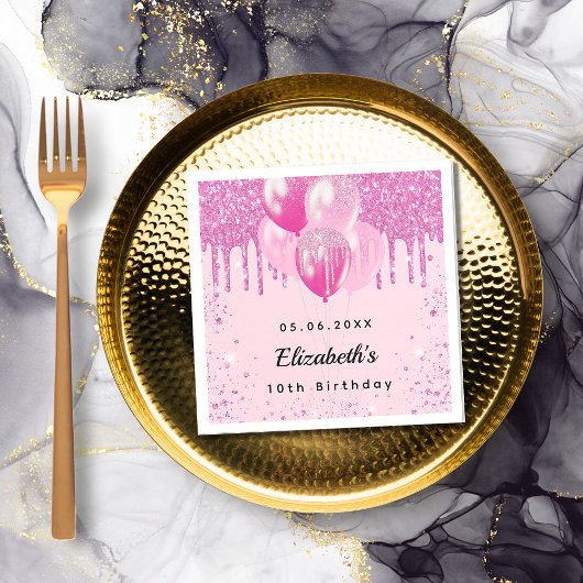 誕生日パーティーピンクグリッターバルーン女の子 スタンダードカクテルナプキン