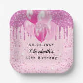 誕生日パーティーピンクグリッターバルーン女の子 ペーパープレート (正面)
