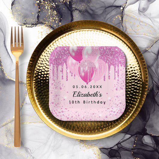 誕生日パーティーピンクグリッターバルーン女の子 ペーパープレート