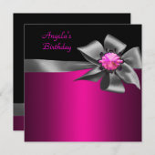 誕生日パーティーピンクグレーボウブラックピンクジュエル 招待状 (正面/裏面)