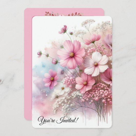 誕生日パーティーピンクコスモス 招待状 (正面/裏面)