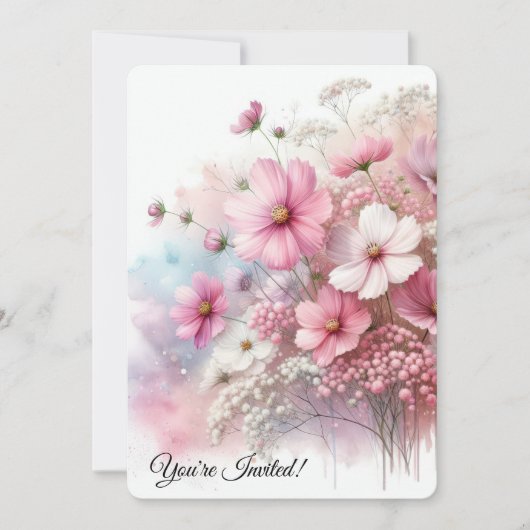 誕生日パーティーピンクコスモス 招待状 (正面)