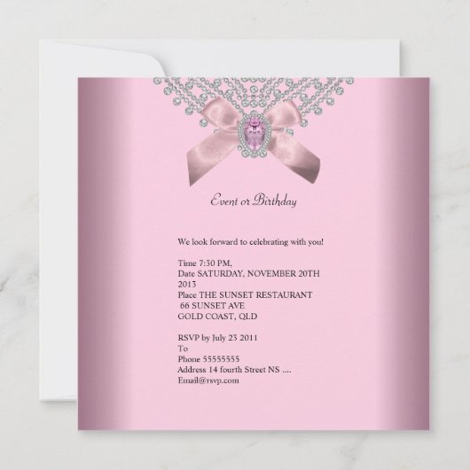 誕生日パーティーピンクシルバーホワイトダイヤモンド 招待状 (裏面)