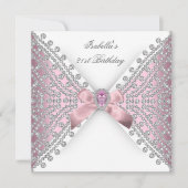 誕生日パーティーピンクシルバーホワイトダイヤモンド 招待状 (正面)