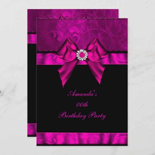 誕生日パーティーピンクジュエルボウイメージ 招待状 (正面/裏面)