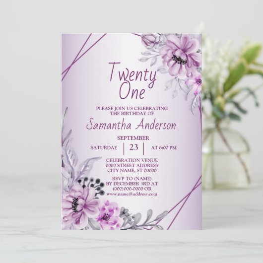 誕生日パーティーピンクフローラ紫の枠 招待状 (スタンド正面)