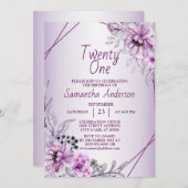 誕生日パーティーピンクフローラ紫の枠 招待状 (正面/裏面)