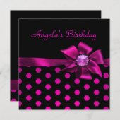 誕生日パーティーピンクボウブラックピンクスポット 招待状 (正面/裏面)