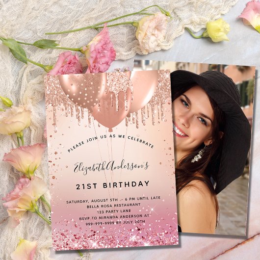 誕生日パーティーピンクローズ金ゴールドバルーンフォトラグジュアリー 招待状