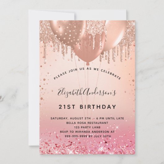 誕生日パーティーピンクローズ金ゴールドバルーン 招待状 (正面)