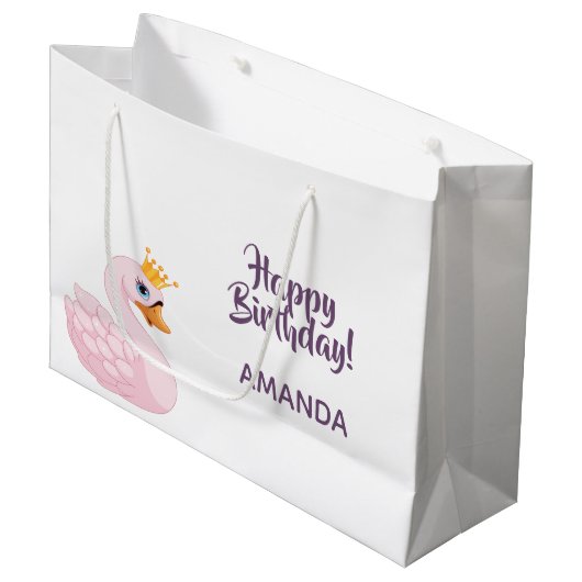 誕生日パーティーピンク紫のプリンセス白鳥かわいい ラージペーパーバッグ (正面アングル)