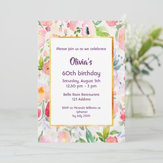 誕生日パーティーピンク花模様白 招待状 (スタンド正面)