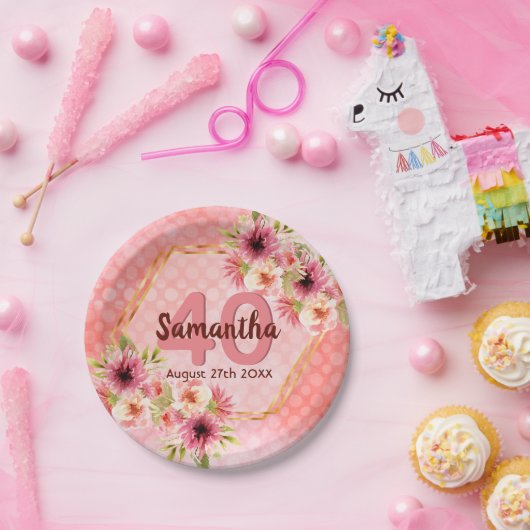 誕生日パーティーピンク金ゴールド幾何学的フローラ ペーパープレート (パーティー)