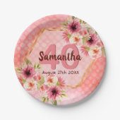 誕生日パーティーピンク金ゴールド幾何学的フローラ ペーパープレート (正面)