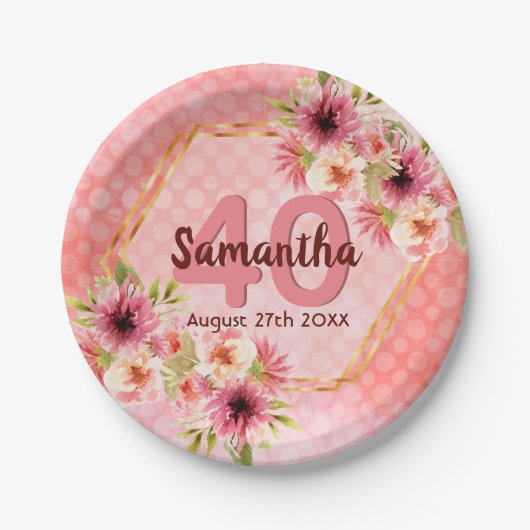 誕生日パーティーピンク金ゴールド幾何学的フローラ ペーパープレート (正面)