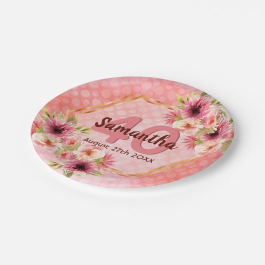 誕生日パーティーピンク金ゴールド幾何学的フローラ ペーパープレート (アングル)