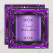 誕生日パーティーフローラパープルダイヤモンドイメージ 招待状 (正面/裏面)