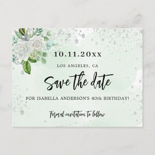 誕生日パーティーフローラホワイトグリーン日付を保存 案内ポストカード (正面)