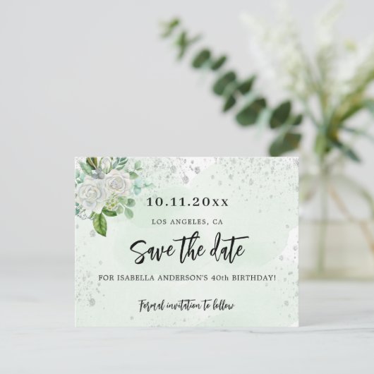 誕生日パーティーフローラホワイトグリーン日付を保存 案内ポストカード (スタンド正面)