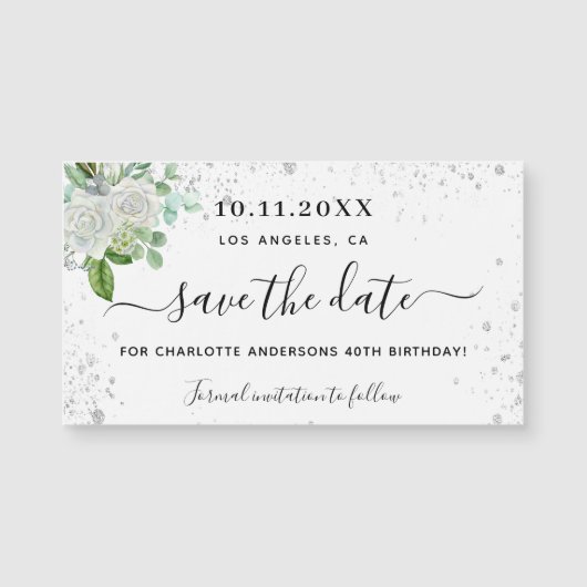 誕生日パーティーフローラホワイトデイトマグネットを保存 (正面)